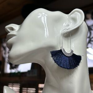 Boho deep blue tassel silver tone dangle earrings